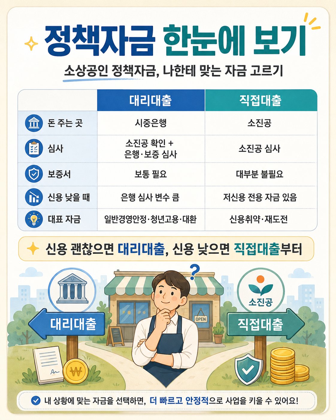 정책자금 한눈에 보기 — 대리대출은 시중은행이 실행하고 보증서 보통 필요, 직접대출은 소진공이 심사·실행하고 저신용 전용 자금 있음. 신용 괜찮으면 대리대출, 낮으면 직접대출부터