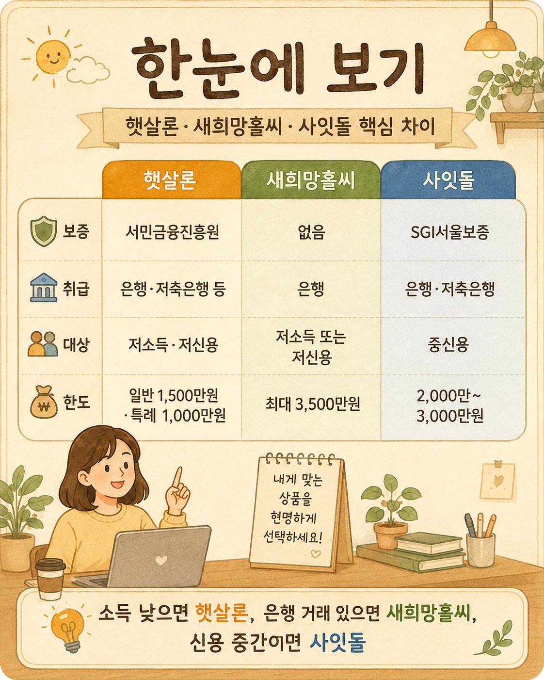 햇살론·새희망홀씨·사잇돌 한눈에 비교 — 햇살론은 서민금융진흥원 보증, 전 업권 취급, 연소득 3,500만원 이하, 일반 1,500만원·특례 1,000만원, 일반 10% 이내+보증료·특례 12.5% / 새희망홀씨는 보증 없이 은행 자체 재원, 연소득 4,000만원 이하, 최대 3,500만원, 10.5% 이내 / 사잇돌은 SGI서울보증, 은행(사잇돌1)·저축은행(사잇돌2), 중신용 하위 20~50%, 2,000만~3,000만원