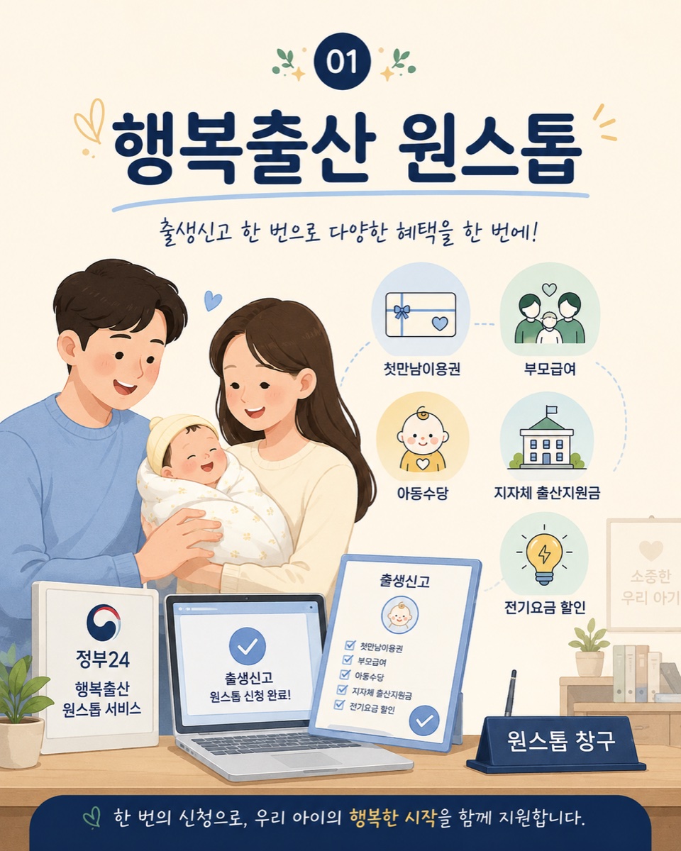 행복출산 원스톱 — 출생신고 한 번으로 첫만남이용권·부모급여·아동수당·지자체 출산지원금·전기요금 감면을 한 장으로 신청