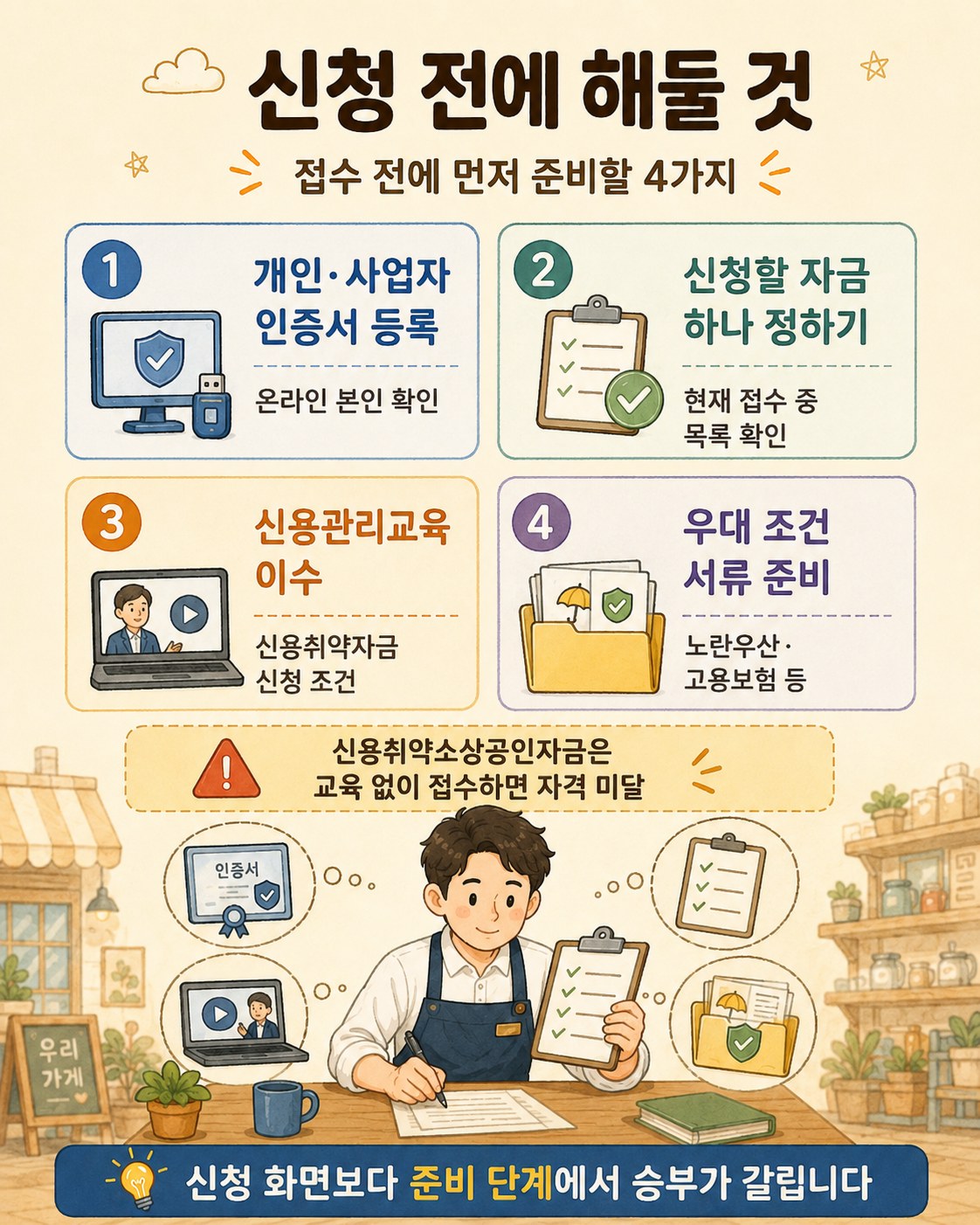 신청 전에 해둘 것 4가지 — 개인·사업자 인증서 등록, 신청할 자금 하나 정하기(현재 접수 중 목록), 신용관리교육 이수(신용취약소상공인자금 신청 조건), 우대 조건 서류(노란우산·고용보험 등) 준비