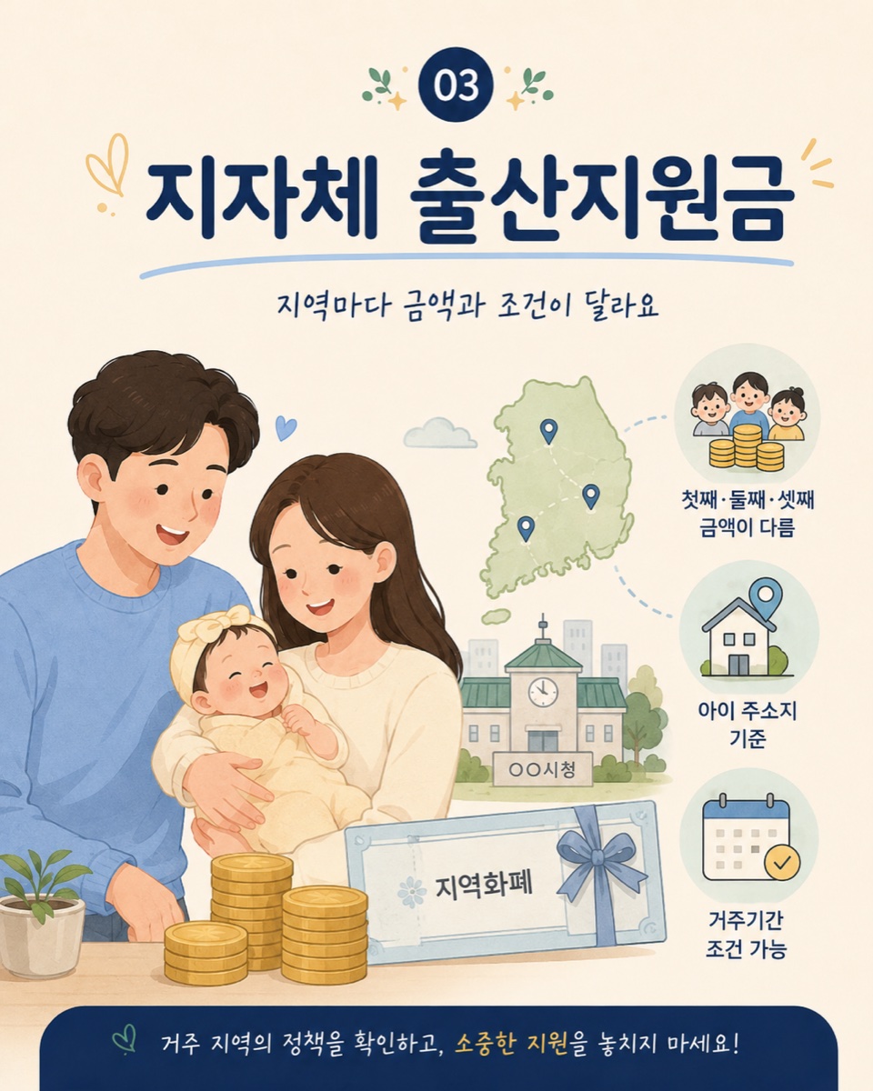 지자체 출산지원금 — 첫째·둘째·셋째 금액이 다르고, 아이 주소지 기준, 거주기간 조건이 있을 수 있음