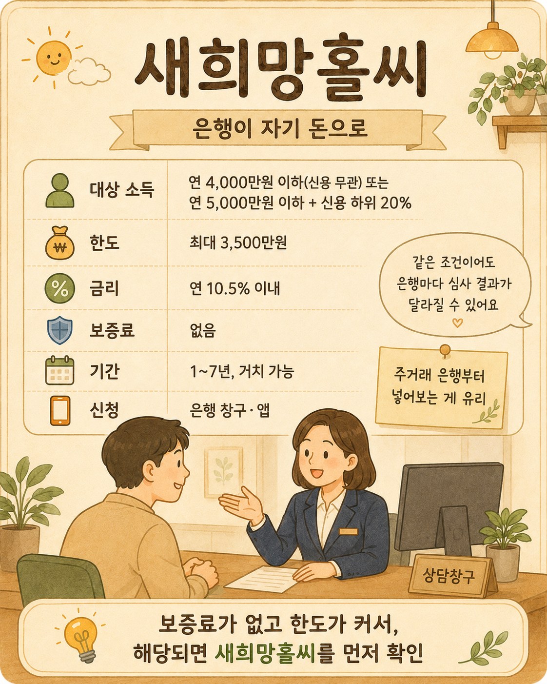 새희망홀씨 (2026) — 연소득 4,000만원 이하(신용 무관) 또는 5,000만원 이하+신용 하위 20%, 최대 3,500만원, 금리 연 10.5% 이내 은행 자율(KB 상한 9.5%), 보증료 없음, 1~7년, 중도상환수수료 대부분 면제, 은행 창구·앱 신청. 2026년 공급 목표 5조 1,000억원. 은행마다 심사가 달라 주거래 은행부터