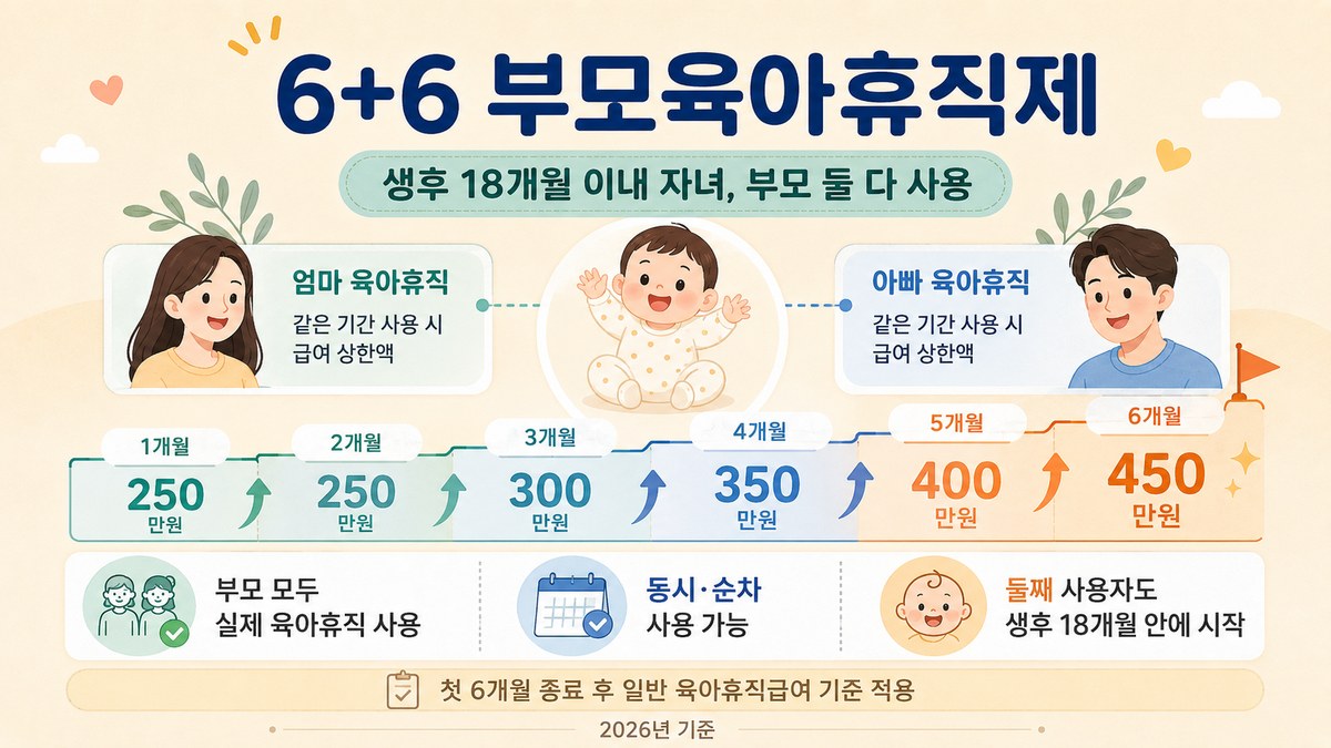 6+6 부모육아휴직제 — 생후 18개월 이내 자녀, 부모 둘 다 사용 시 첫 6개월 월 상한 250→450만원