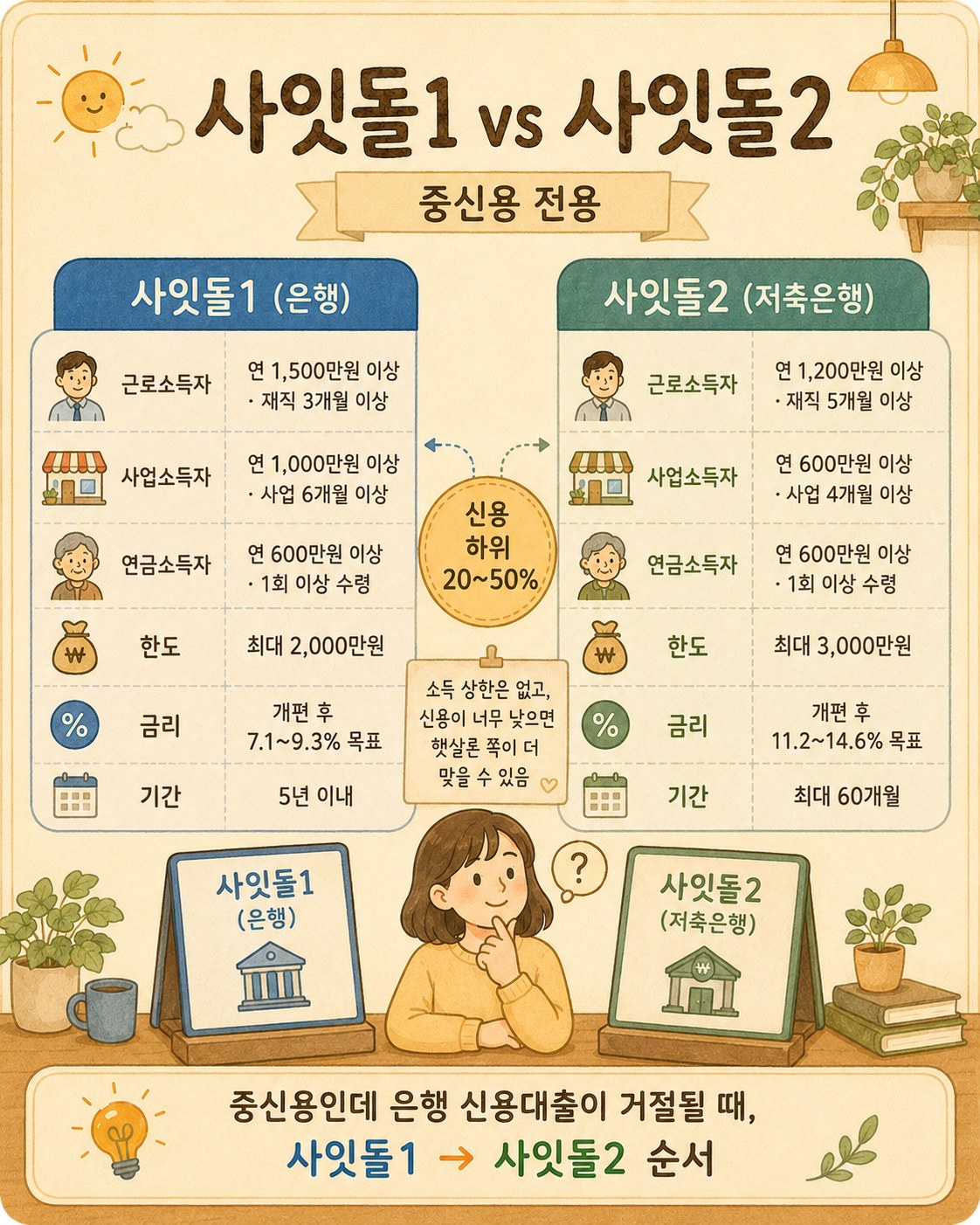 사잇돌1(은행) vs 사잇돌2(저축은행) — 근로자 연 1,500만원·재직 3개월 vs 연 1,200만원·재직 5개월, 사업자 연 1,000만원·6개월 vs 연 600만원·4개월, 연금 연 600만원 이상, 한도 2,000만원 vs 3,000만원, 금리 개편 후 7.1~9.3% vs 11.2~14.6% 목표(실제 공시 확인), 기간 5년 vs 60개월, SGI서울보증. 신용 하위 20~50% 중신용 대상, 2026 하반기 카드사 추가 예정