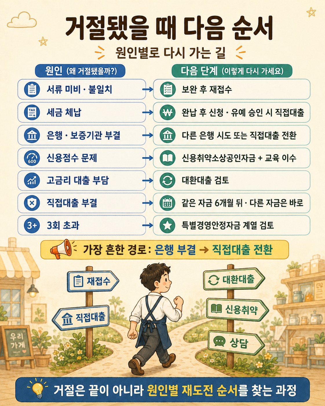 거절됐을 때 다음 순서 — 서류 미비→보완 후 재접수, 세금 체납→완납 후 신청, 은행·보증기관 부결→다른 은행 또는 직접대출 전환, 신용점수→신용취약소상공인자금+교육 이수, 고금리 대출→대환대출, 직접대출 부결→같은 자금 6개월 뒤, 3회 초과→특별경영안정자금 계열