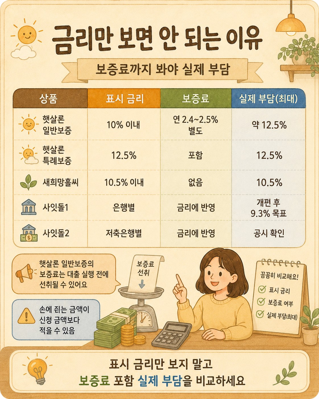 표시 금리 vs 실제 부담 — 햇살론 일반보증 10% 이내+보증료 연 2.4~2.5% 별도=최대 약 12.5%, 햇살론 특례보증 12.5%(보증료 포함), 새희망홀씨 10.5% 이내(보증료 없음), 사잇돌1 개편 후 9.3% 목표(보증료는 금리에 반영), 사잇돌2 공시 확인. 일반보증은 최저 5.25%부터라 특례(12.5% 고정)보다 먼저. 보증료는 실행 전 선취라 손에 쥐는 돈이 신청액보다 적음