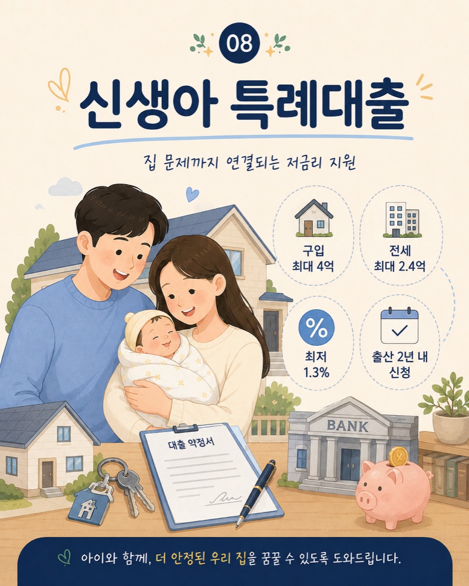 신생아 특례대출 — 구입 최대 4억, 전세 최대 2.4억, 최저 1.3%, 출산 2년 내 신청