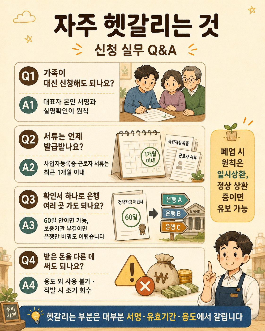 자주 헷갈리는 것 Q&A — 가족 대리 신청은 대표자 본인 서명·실명확인 원칙, 사업자등록증·근로자 서류는 최근 1개월 이내 발급, 확인서 하나로 60일 안이면 다른 은행 가능하나 보증기관 부결이면 은행만 바꿔도 어려움, 용도 외 사용 시 조기 회수, 폐업 시 원칙 일시상환이나 정상 상환 중이면 유보