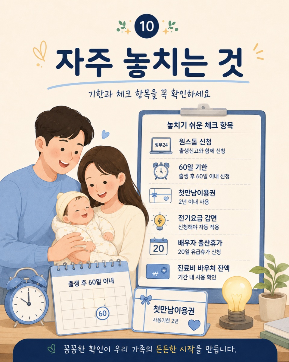 자주 놓치는 것 — 원스톱 신청, 60일 기한, 첫만남이용권 2년 내 사용, 전기요금 감면 신청, 배우자 출산휴가 20일, 진료비 바우처 잔액