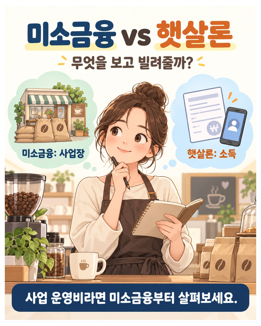 미소금융 vs 햇살론 — 무엇을 보고 빌려줄까. 미소금융은 사업장, 햇살론은 소득을 봄. 사업 운영비라면 미소금융부터 살펴보기