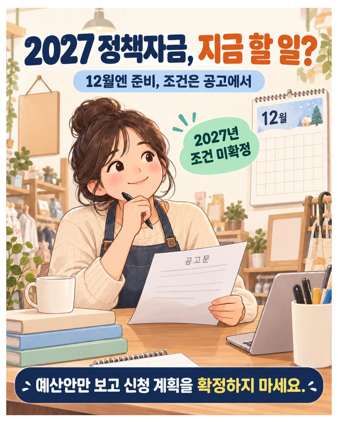 2027 정책자금, 지금 할 일? — 12월엔 준비하고 조건은 공고에서 확인. 2027년 조건은 아직 미확정이라 예산안만 보고 신청 계획을 확정하지 않음
