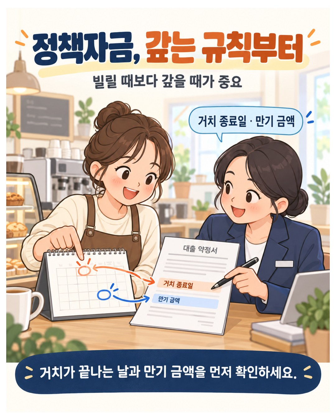 정책자금, 갚는 규칙부터 — 빌릴 때보다 갚을 때가 중요. 대출 약정서에서 거치 종료일과 만기 금액을 먼저 확인