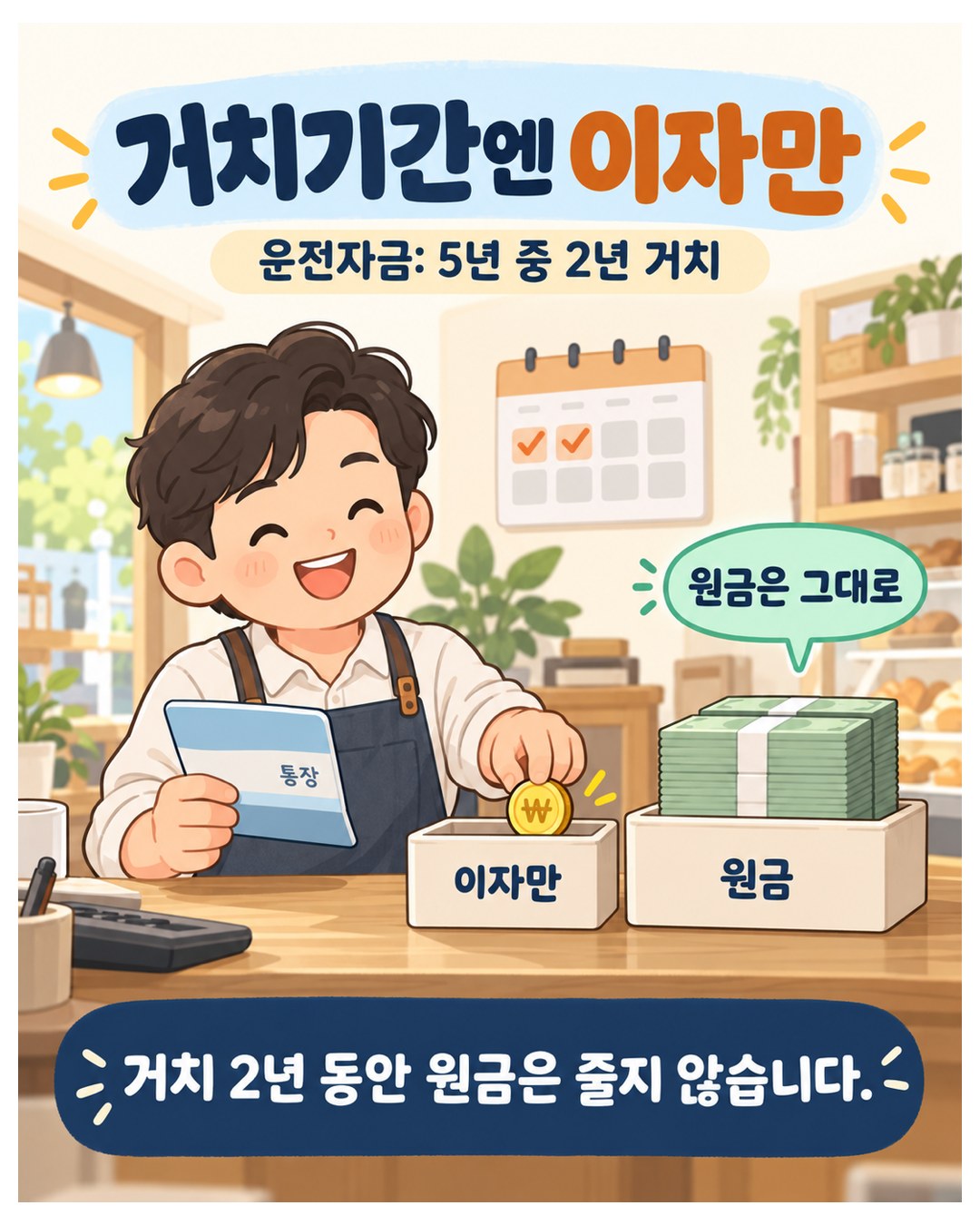 거치기간엔 이자만 — 운전자금은 5년 중 2년이 거치기간. 거치 2년 동안 이자만 내고 원금은 줄지 않음