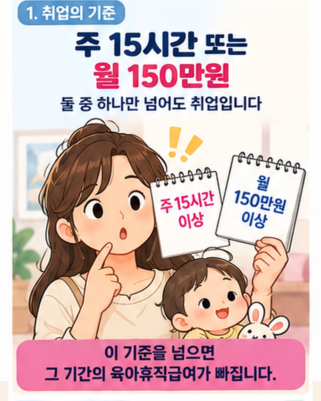 취업의 기준 — 1주 소정근로시간 15시간 이상 또는 자영업·근로 소득 월 150만원 이상, 둘 중 하나만 넘어도 취업. 이 기준을 넘으면 그 기간의 육아휴직급여가 빠짐