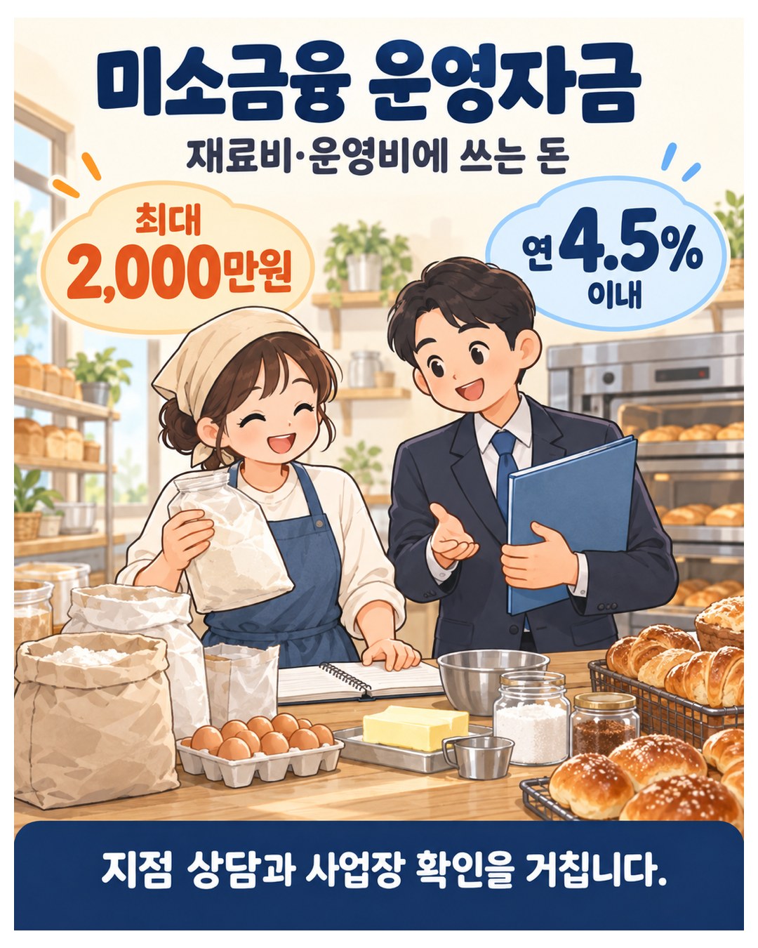 미소금융 운영자금 — 재료비·운영비에 쓰는 돈, 최대 2,000만원, 연 4.5% 이내. 지점 상담과 사업장 확인을 거침