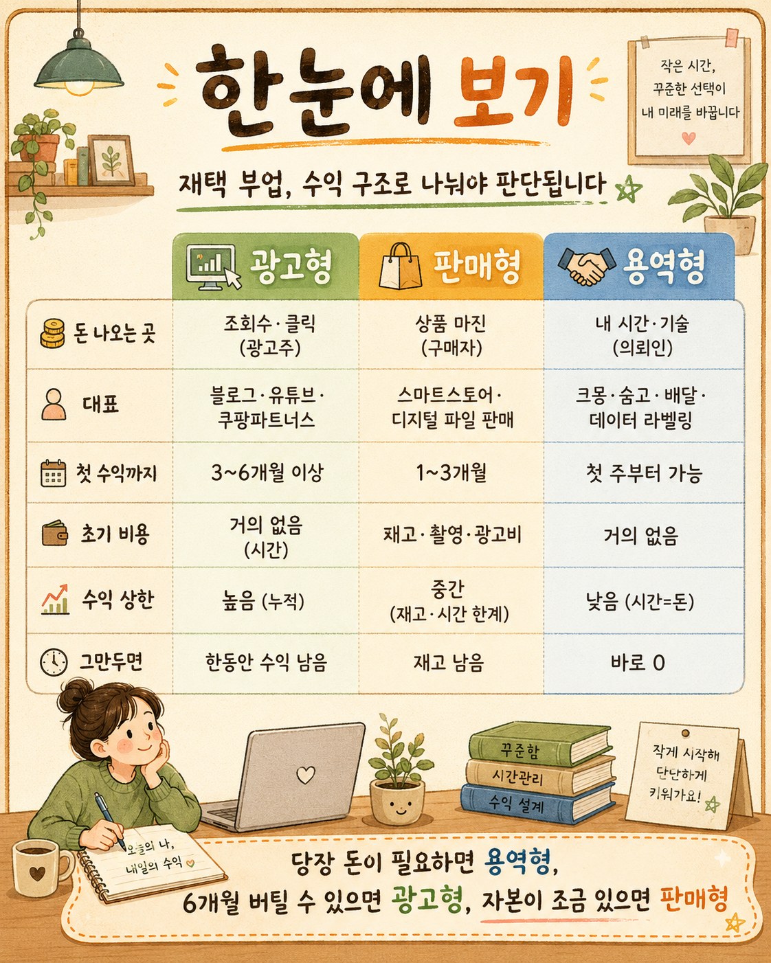 재택 부업 3유형 한눈에 — 광고형은 조회수·클릭이 돈(블로그 애드센스·유튜브·쿠팡파트너스), 첫 수익 3~6개월 이상, 초기 비용 거의 없음, 수익 상한 높음, 그만둬도 한동안 수익 / 판매형은 상품 마진(스마트스토어·디지털 파일), 첫 수익 1~3개월, 재고·촬영·광고비 필요, 그만두면 재고 남음 / 용역형은 내 시간·기술(크몽·숨고·배달·데이터 라벨링), 첫 주부터 수익, 상한 낮음, 그만두면 바로 0