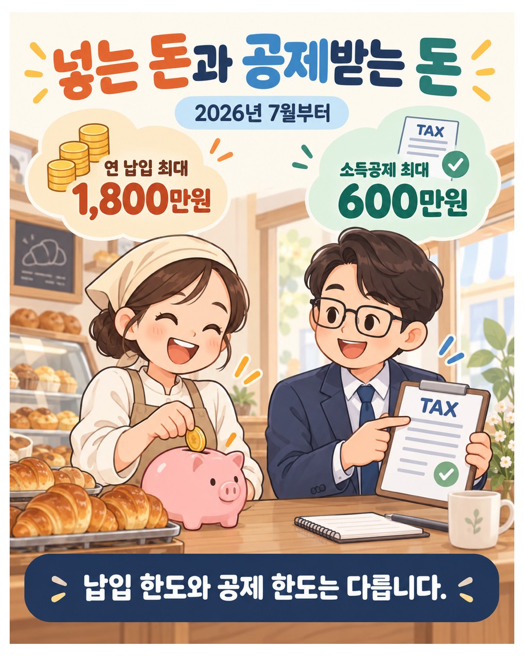 넣는 돈과 공제받는 돈 — 2026년 7월부터 연 납입은 최대 1,800만원, 소득공제는 최대 600만원. 납입 한도와 공제 한도는 다름