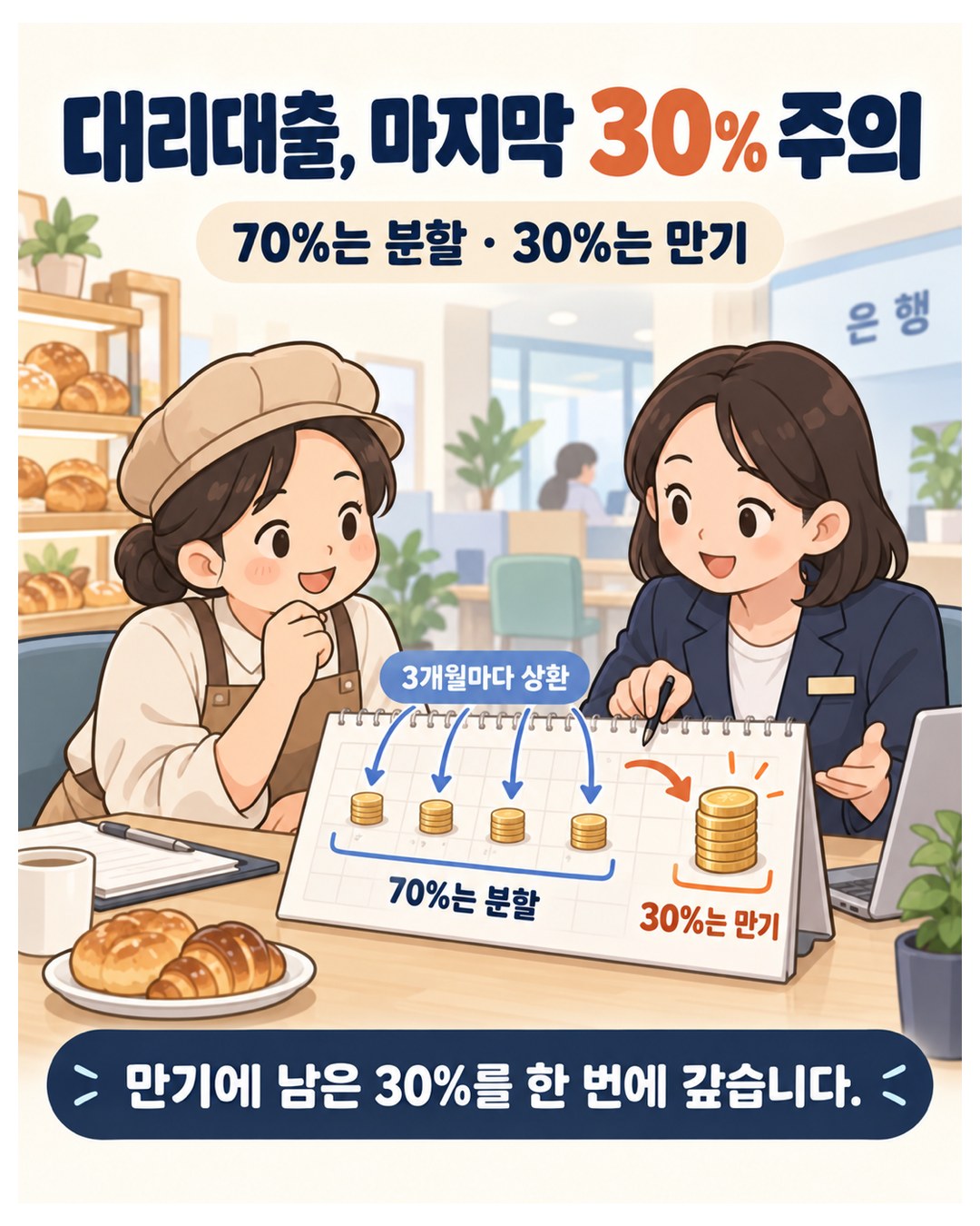 대리대출, 마지막 30% 주의 — 원금 70%는 3개월마다 나눠 갚고, 남은 30%는 만기에 한 번에 갚음