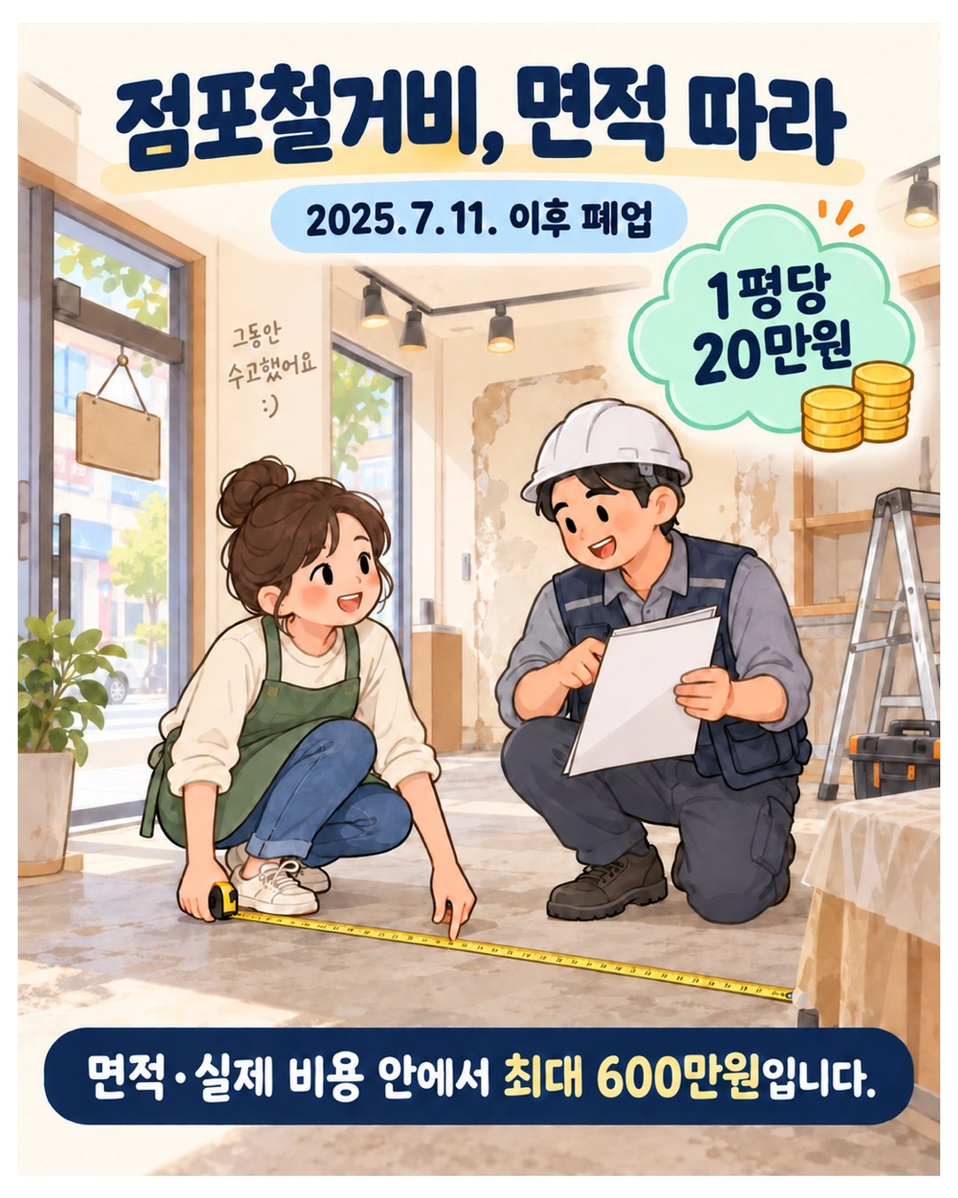 점포철거비, 면적 따라 — 1평(3.3㎡)당 20만원, 2025년 7월 11일 이후 폐업이면 면적과 실제 비용 안에서 최대 600만원