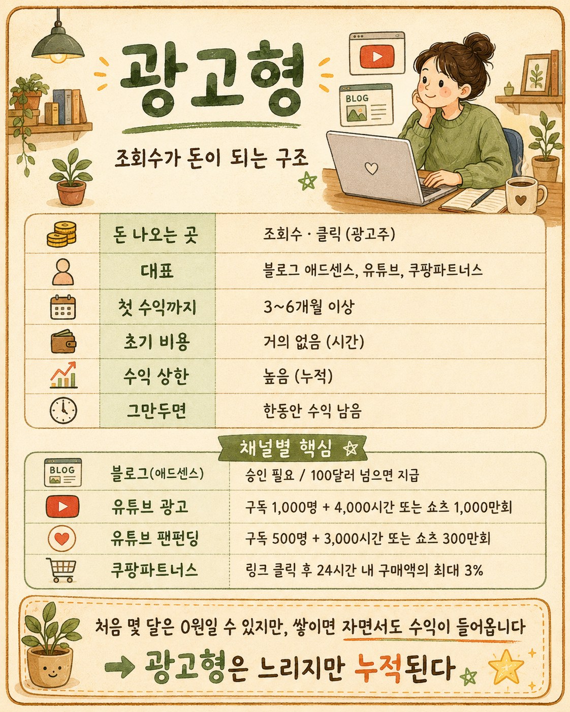 광고형 4채널 — 블로그 애드센스(승인 심사, 100달러 넘으면 다음 달 21일 전후 지급), 유튜브 광고 수익(구독 1,000명+12개월 시청 4,000시간 또는 90일 쇼츠 1,000만회), 유튜브 팬 펀딩(구독 500명+3,000시간 또는 쇼츠 300만회), 쿠팡파트너스(24시간 내 구매액의 최대 3%, 다다음달 15일 지급, 뷰티·패션 3%·식품 2%·가전 1% 안팎). 유튜브 조건 채우는 데 6개월~1년, 블로그 승인까지 글 20~30개