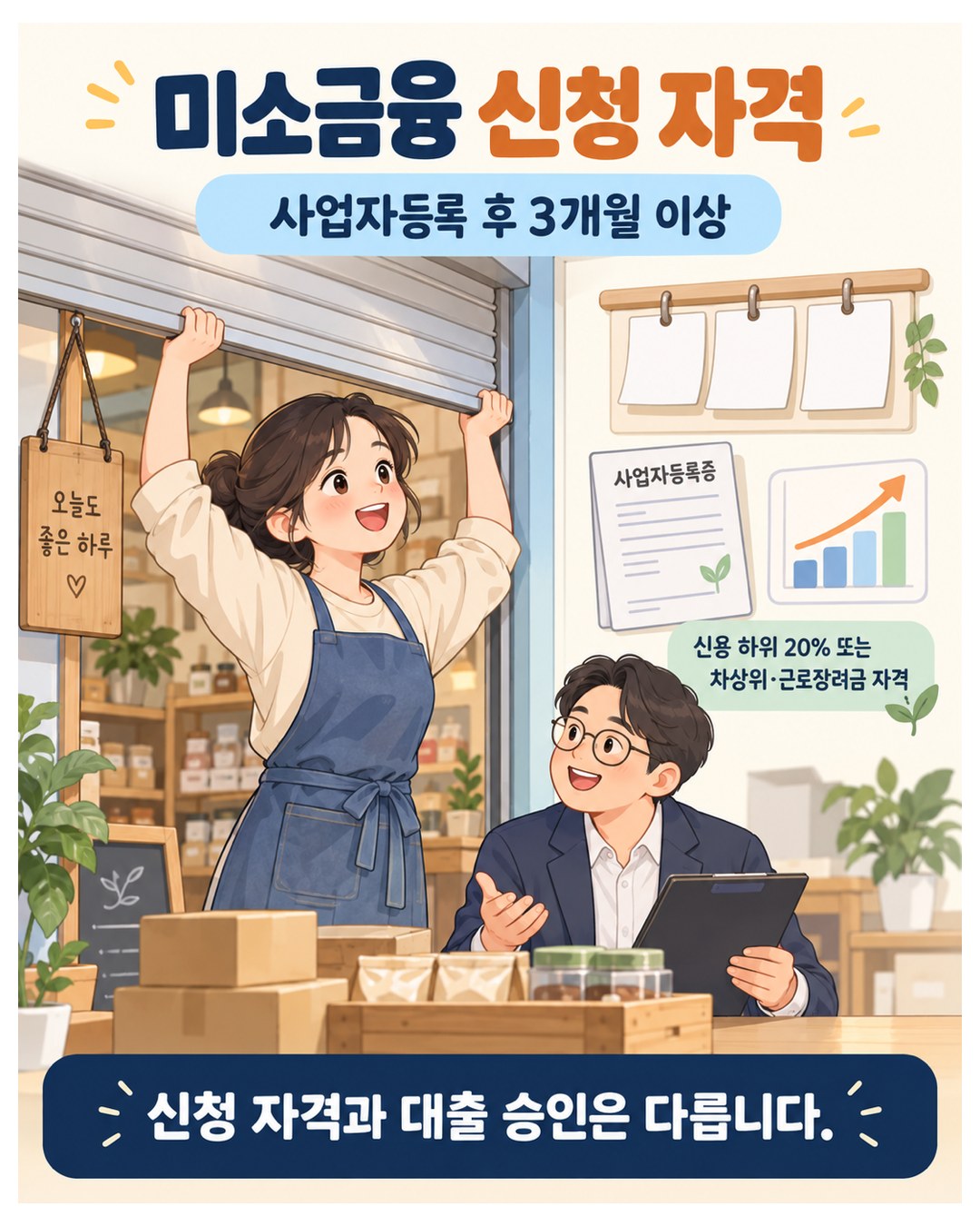 미소금융 신청 자격 — 사업자등록 후 3개월 이상, 신용 하위 20% 또는 차상위·근로장려금 자격. 신청 자격과 대출 승인은 다름