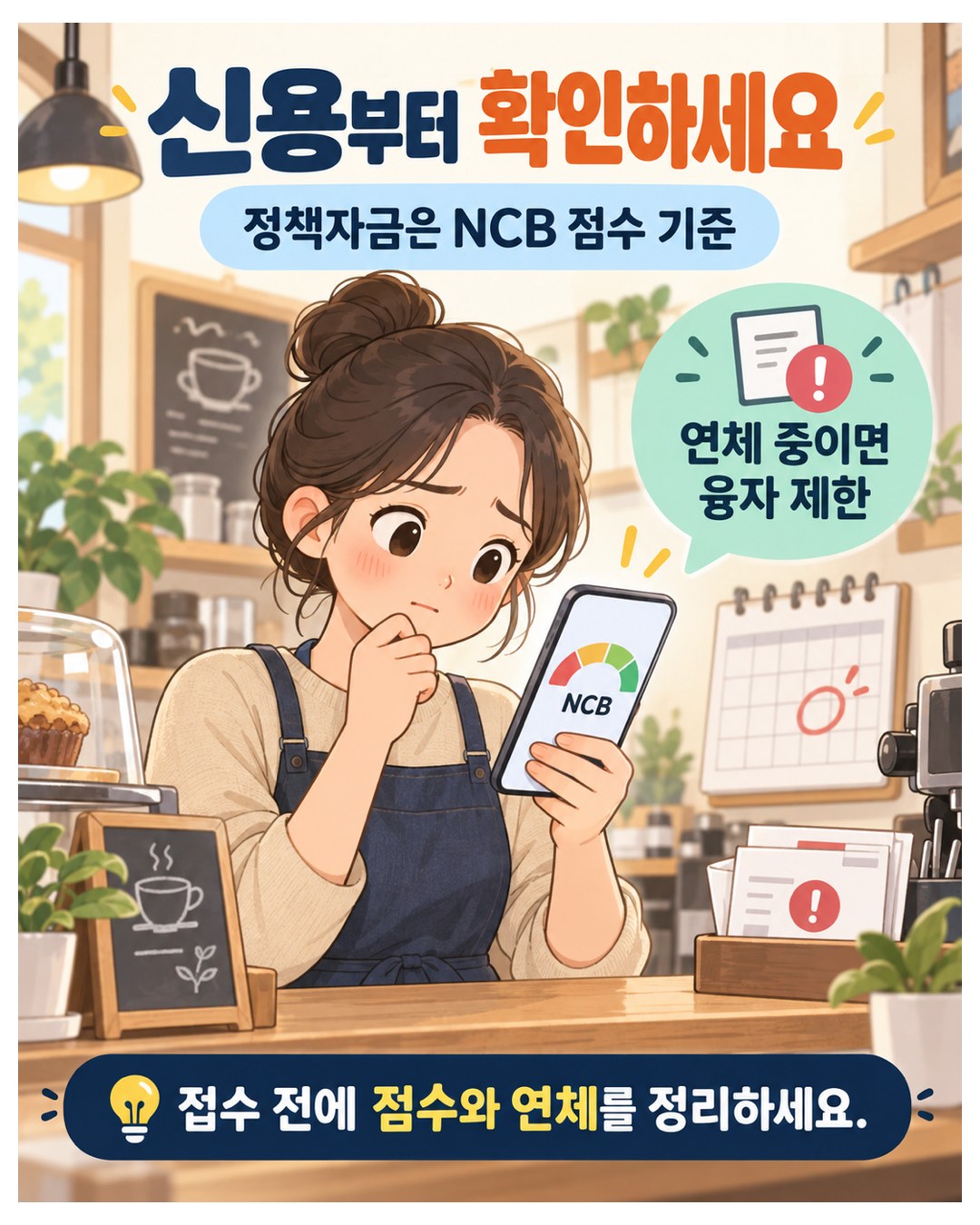 신용부터 확인하세요 — 정책자금은 NCB(나이스) 점수 기준, 연체 중이면 융자 제한. 접수 전에 점수와 연체를 정리