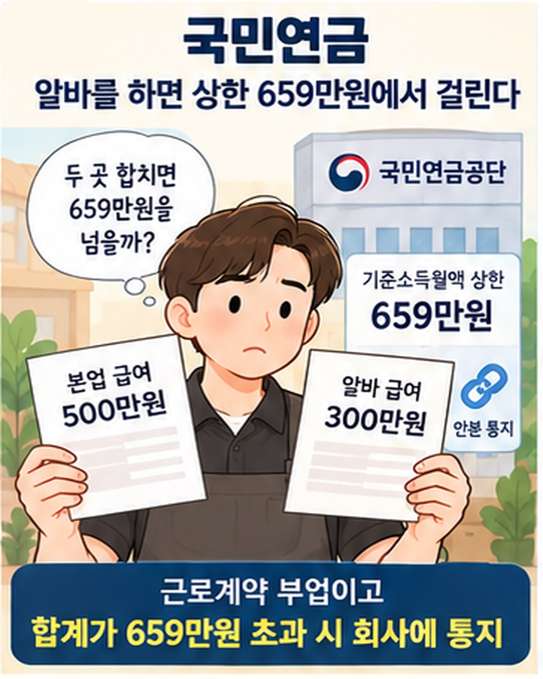 국민연금 — 알바를 하면 기준소득월액 상한 659만원에서 걸린다. 본업 급여 500만원과 알바 급여 300만원을 합치면 659만원을 넘어 안분 통지. 근로계약 부업이고 합계가 659만원 초과 시 회사에 통지