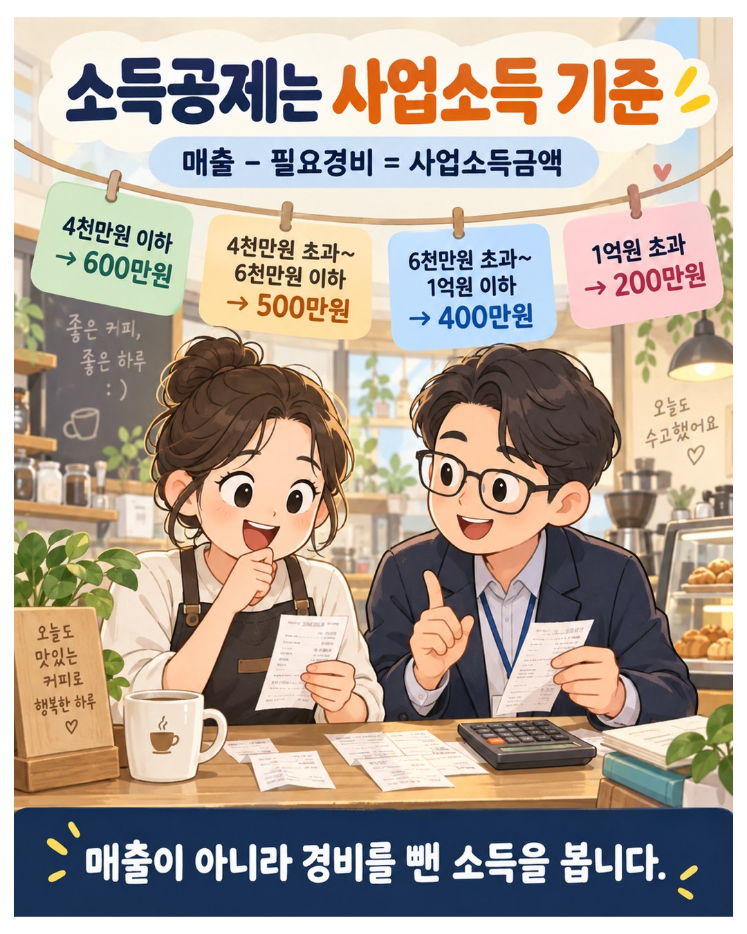 소득공제는 사업소득 기준 — 매출에서 필요경비를 뺀 사업소득금액이 4천만원 이하 600만원, 4천만원 초과~6천만원 이하 500만원, 6천만원 초과~1억원 이하 400만원, 1억원 초과 200만원. 매출이 아니라 경비를 뺀 소득을 봄