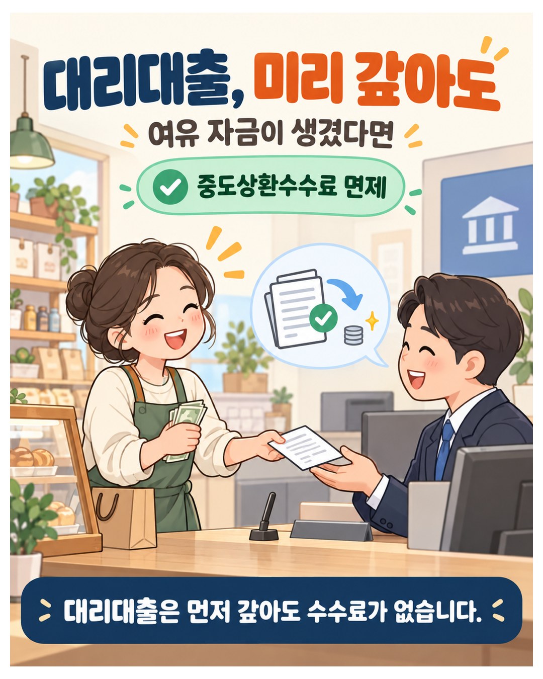 대리대출, 미리 갚아도 — 여유 자금이 생겨 먼저 갚아도 대리대출은 중도상환수수료 면제