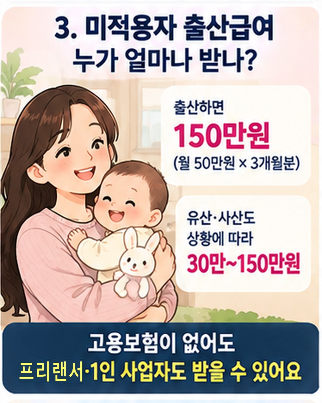 미적용자 출산급여는 얼마나 받나 — 출산하면 150만원으로 월 50만원씩 3개월분. 유산·사산도 상황에 따라 30만~150만원. 고용보험이 없어도 프리랜서·1인 사업자도 받을 수 있음