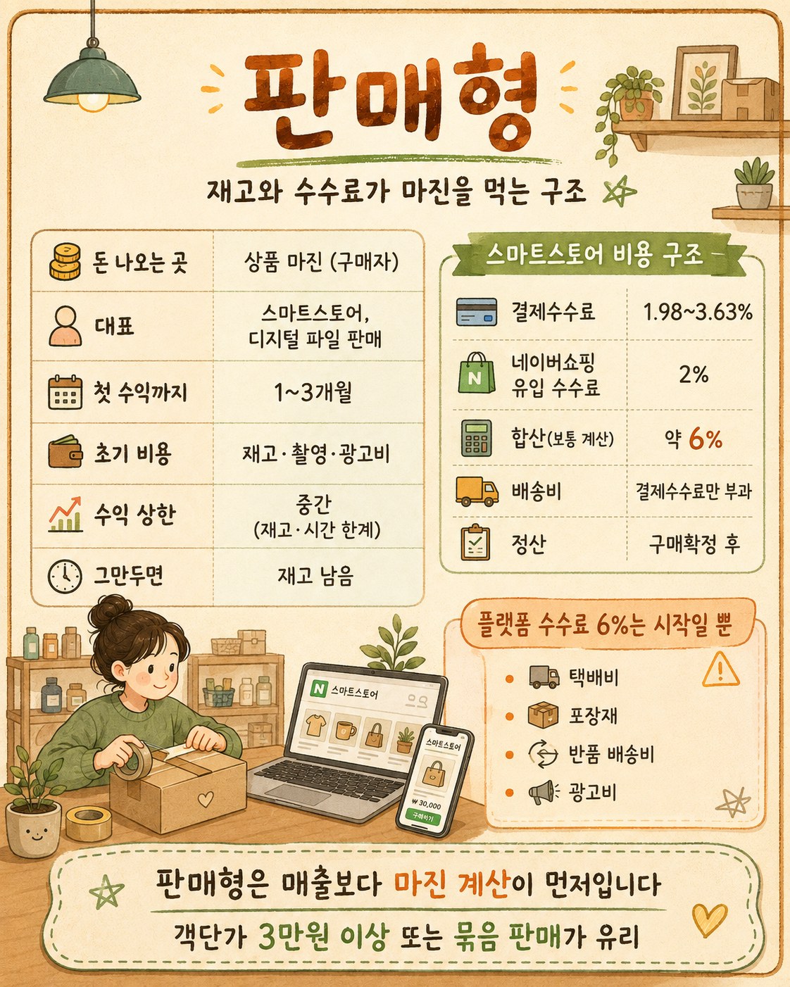 판매형(스마트스토어 2026) — 네이버페이 결제수수료 1.98~3.63%(신규 3.63%) + 네이버쇼핑 유입 수수료 2% = 보통 약 6%, 배송비는 결제수수료만, 구매확정 후 정산. 택배비·포장재·반품 배송비·광고비는 별도. 1만원 상품 마진 30%(3,000원)는 수수료 600원+포장·택배 3,000원이면 0원 → 객단가 3만원 이상 또는 묶음 판매가 기본