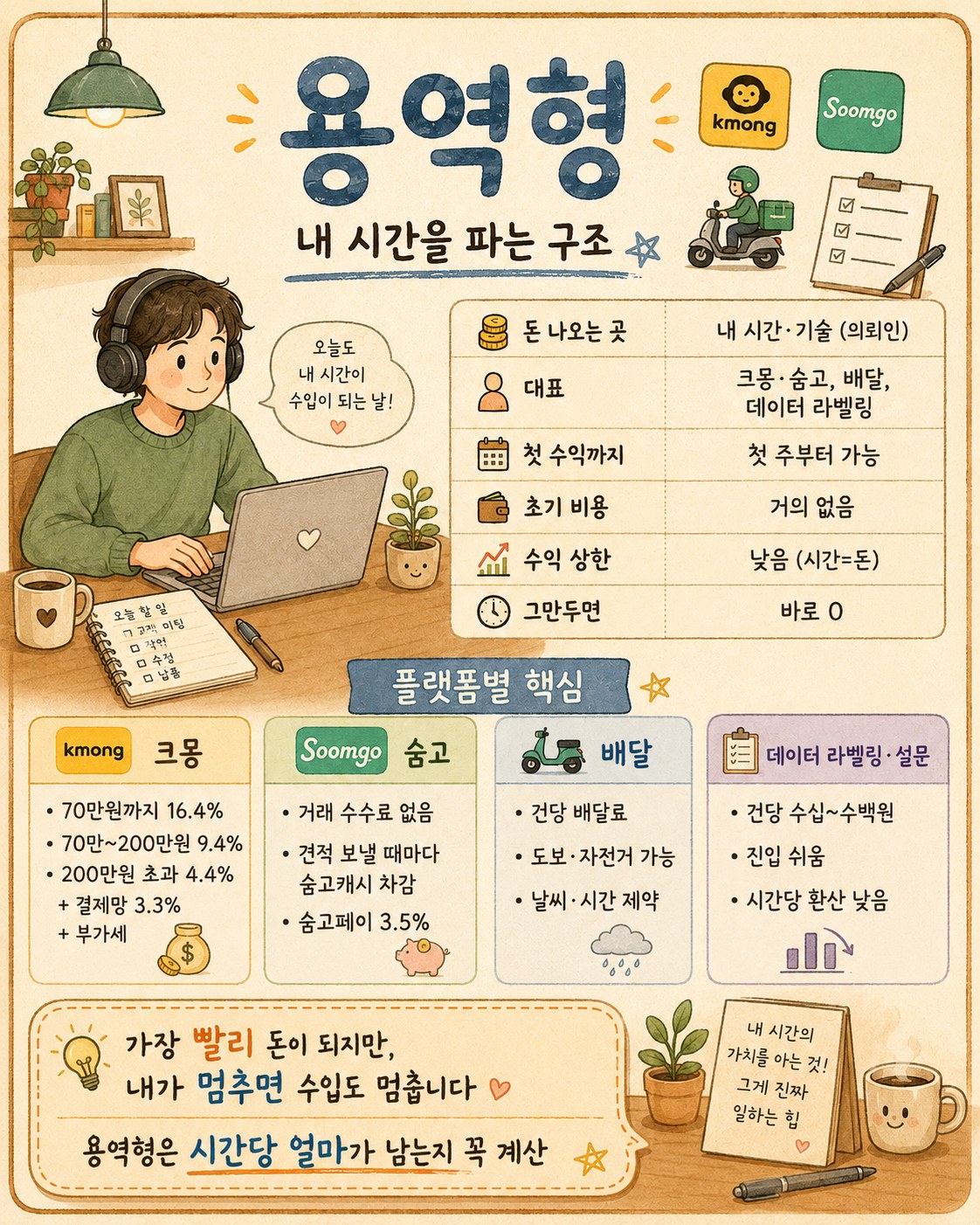 용역형 4가지 — 크몽(70만원까지 16.4%, 70만~200만원 9.4%, 200만원 초과 4.4% + 결제망 3.3% + 부가세, 70만원 이하 실효 약 21.7%, 50만원 일이면 약 10만 8천원 수수료), 숨고(거래 수수료 없음, 견적마다 숨고캐시 차감, 숨고페이 3.5%), 배달(건당 배달료, 도보·자전거 가능), 데이터 라벨링·설문(건당 수십~수백원, 시간당 낮음). 내가 멈추면 수입도 멈춤