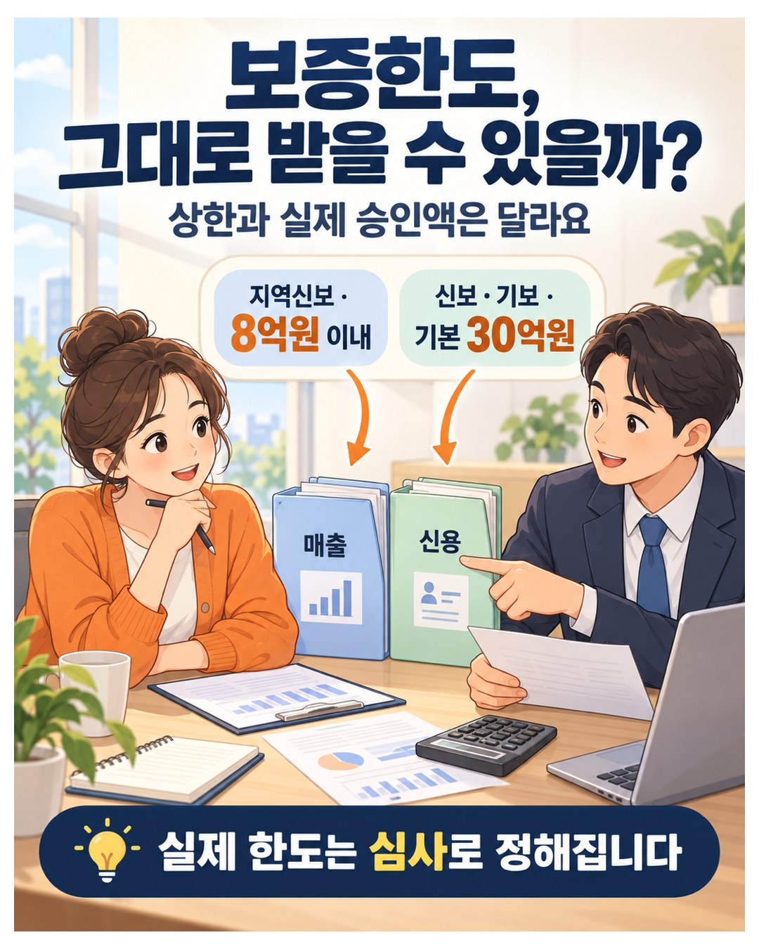 보증한도 상한은 지역신보 8억원 이내, 신보·기보 기본 30억원. 상한과 실제 승인액은 다르고, 실제 한도는 매출과 신용을 보는 심사로 정해짐