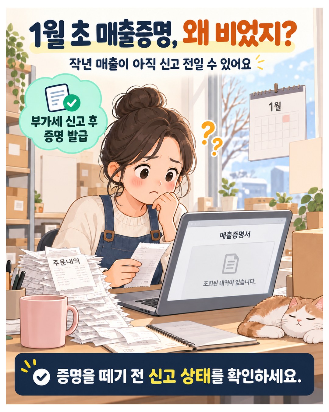 1월 초 매출증명, 왜 비었지? — 작년 매출이 아직 신고 전일 수 있음. 부가세 신고 후 증명을 발급하고, 떼기 전에 신고 상태를 확인