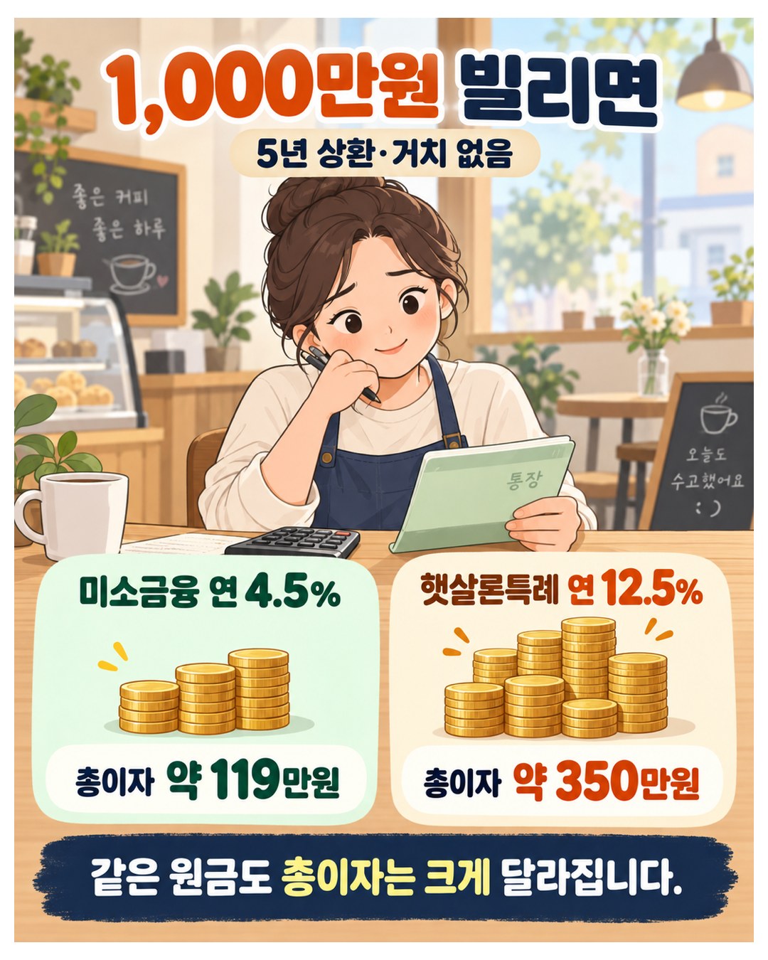 1,000만원을 5년 상환·거치 없이 빌리면 미소금융 연 4.5%는 총이자 약 119만원, 햇살론특례 연 12.5%는 총이자 약 350만원. 같은 원금도 총이자가 크게 달라짐