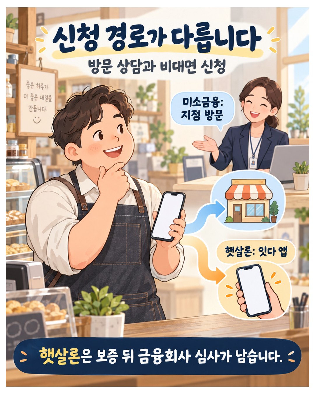 신청 경로가 다름 — 미소금융은 지점 방문 상담, 햇살론은 서민금융 잇다 앱 비대면 신청. 햇살론은 보증 뒤 금융회사 심사가 남음