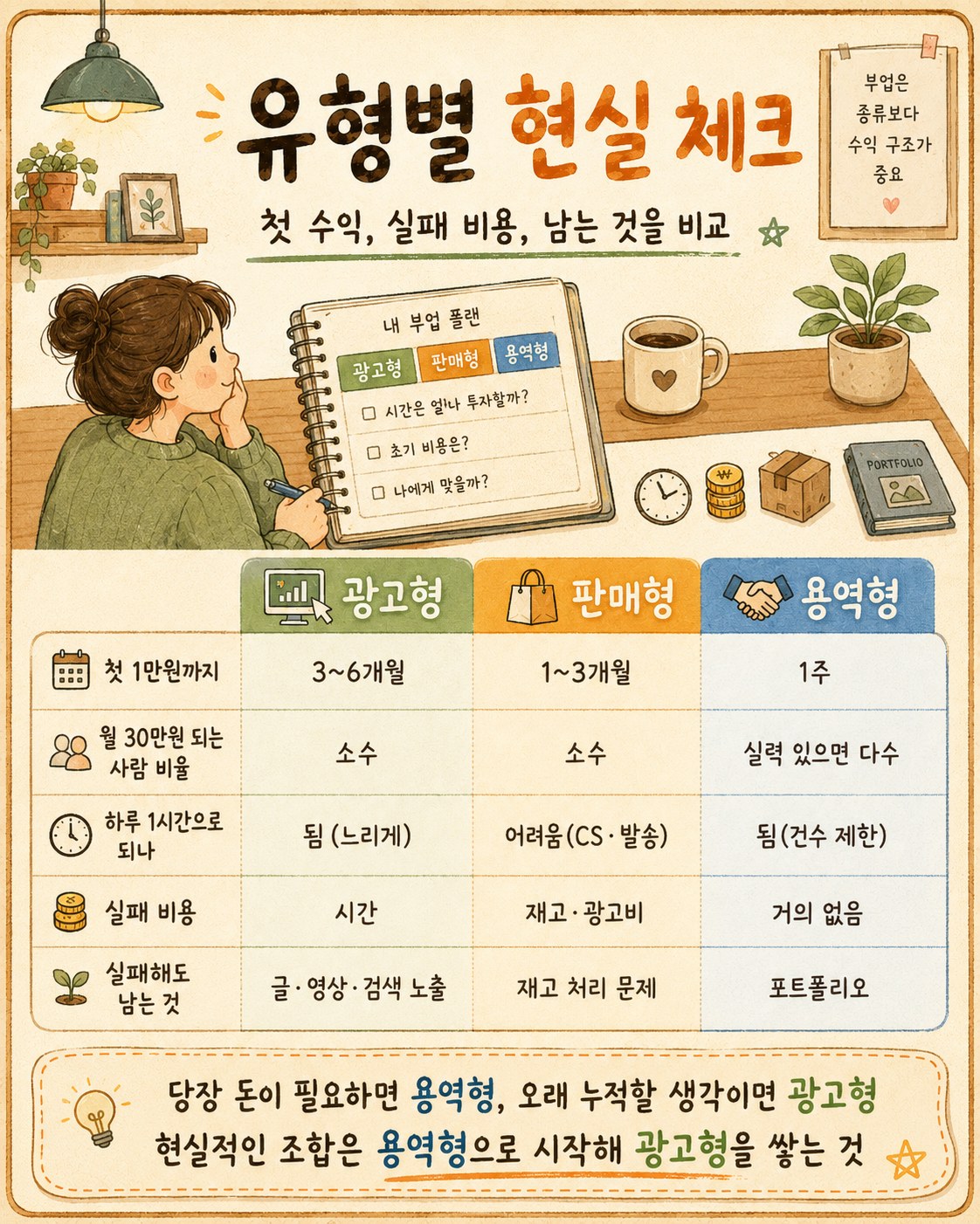유형별 현실 체크 — 첫 1만원까지 광고형 3~6개월·판매형 1~3개월·용역형 1주, 월 30만원 되는 사람은 광고형·판매형 소수·용역형은 실력 있으면 다수, 하루 1시간으로는 광고형·용역형 가능·판매형 어려움, 실패 비용은 광고형 시간·판매형 재고와 광고비·용역형 거의 없음, 실패해도 남는 것은 광고형 검색 노출·판매형 재고 문제·용역형 포트폴리오. 통계청 2024년 1분기 부업자 55만 2천명(전년 +22.4%), 60대 이상 19만 4천명 최다
