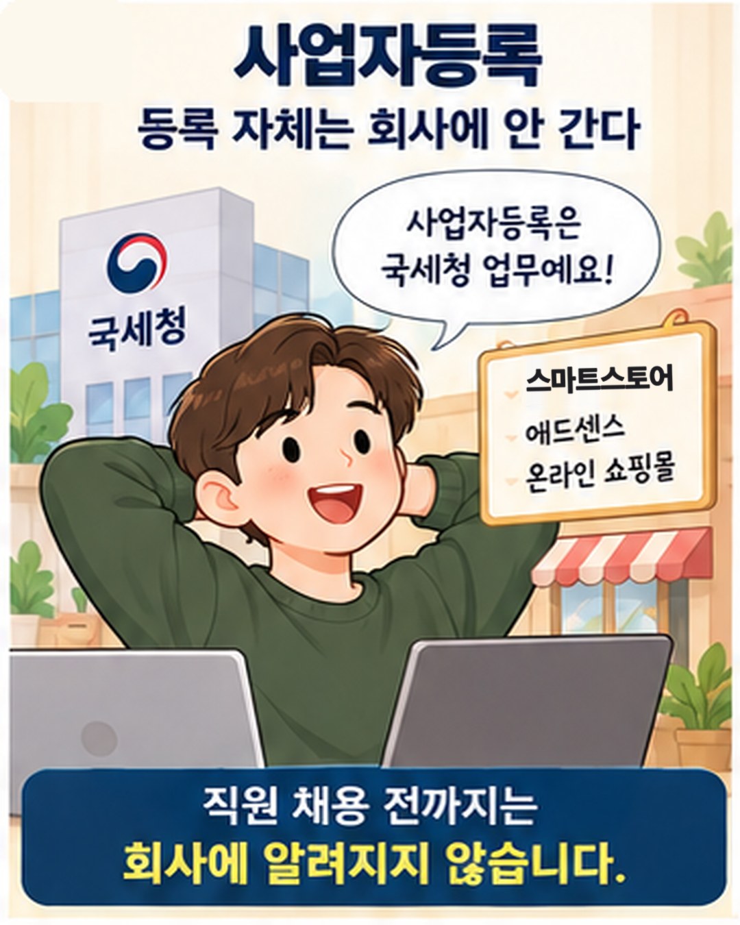 사업자등록 — 등록 자체는 회사에 안 간다. 스마트스토어·애드센스·온라인 쇼핑몰 사업자등록은 국세청 업무이고, 직원 채용 전까지는 회사에 알려지지 않음