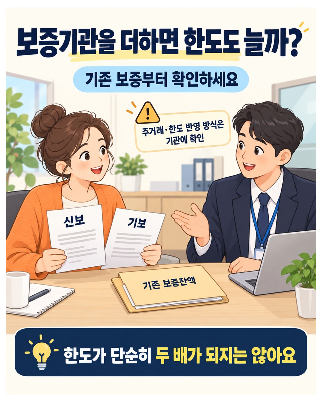 신보·기보 보증을 더해도 한도가 단순히 두 배가 되지 않음 — 기존 보증잔액부터 확인하고, 주거래 보증기관과 한도 반영 방식은 기관에 확인