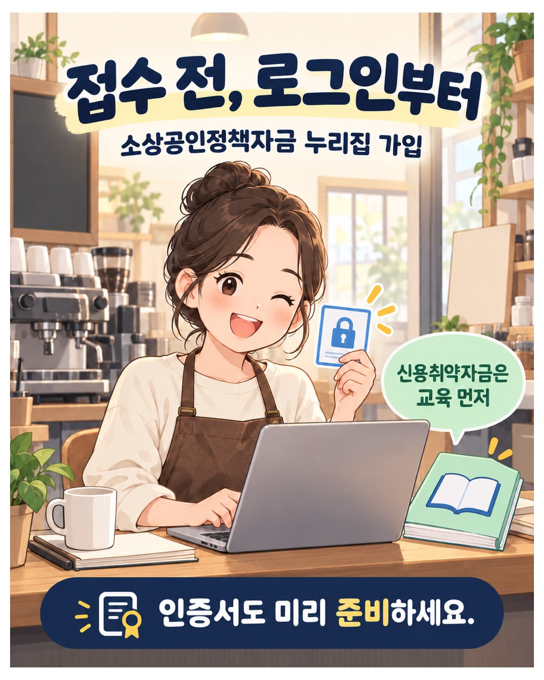 접수 전, 로그인부터 — 소상공인정책자금 누리집에 미리 가입하고 인증서도 준비. 신용취약자금은 신용관리교육을 먼저 이수