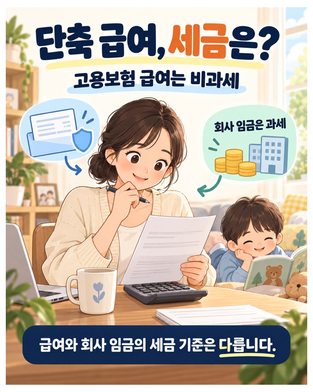 단축 급여, 세금은? — 고용보험에서 받는 단축 급여는 비과세, 단축 중 회사 임금은 과세. 급여와 회사 임금의 세금 기준이 다름