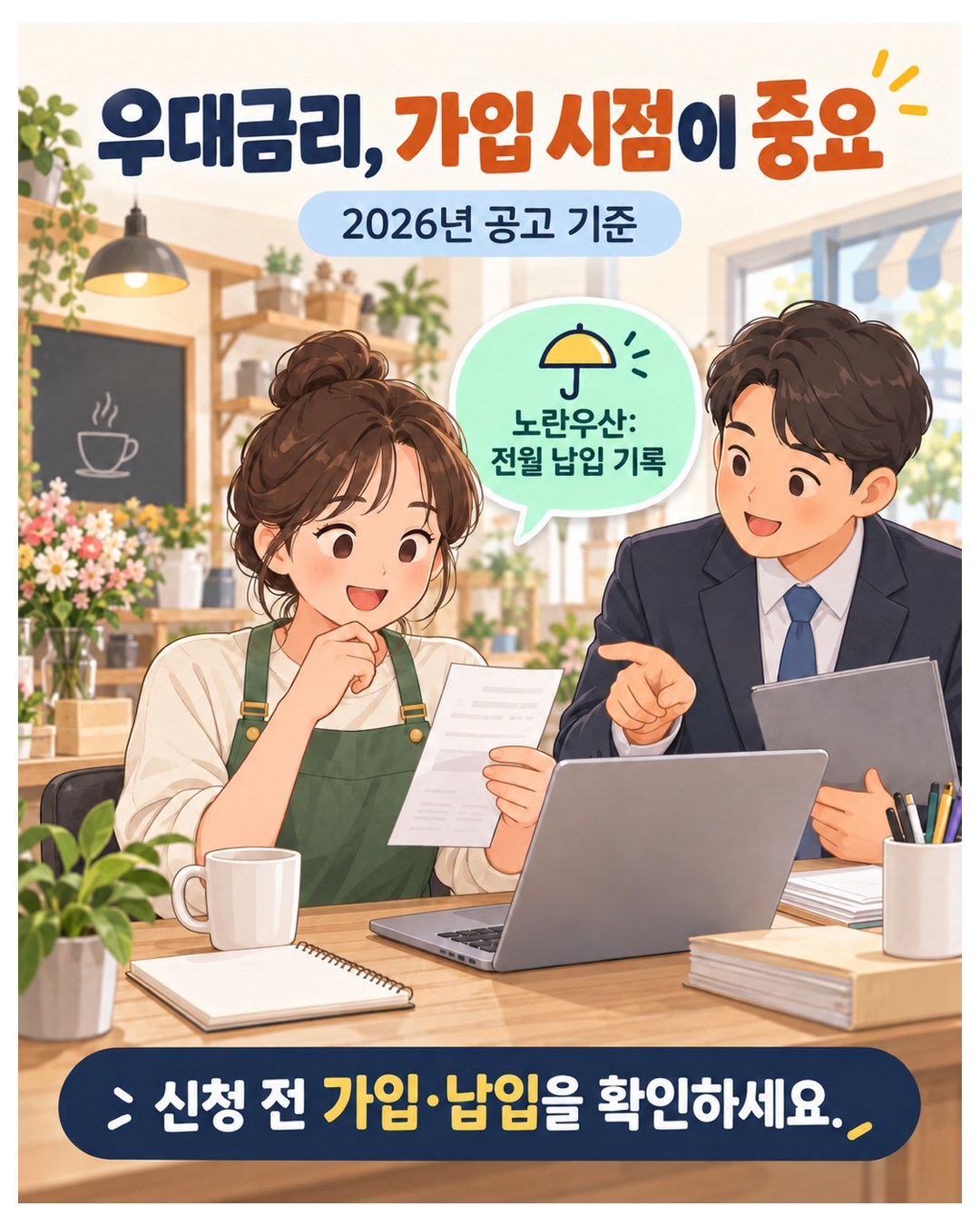 우대금리, 가입 시점이 중요 — 2026년 공고 기준, 노란우산은 전월 납입 기록이 있어야 인정. 신청 전에 가입·납입을 확인
