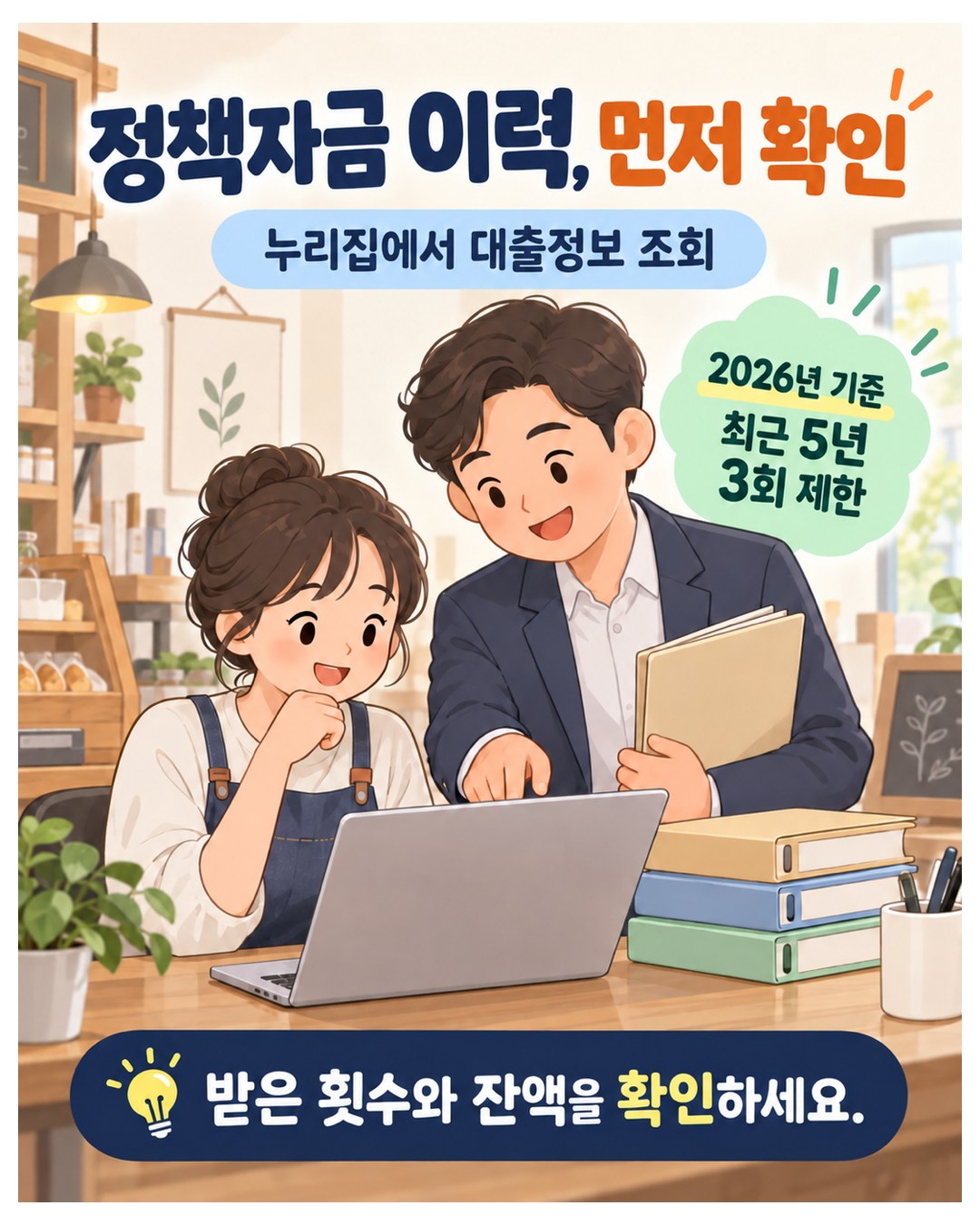 정책자금 이력, 먼저 확인 — 누리집에서 대출정보 조회. 2026년 기준 최근 5년 내 3회 이상이면 제한, 받은 횟수와 잔액을 확인