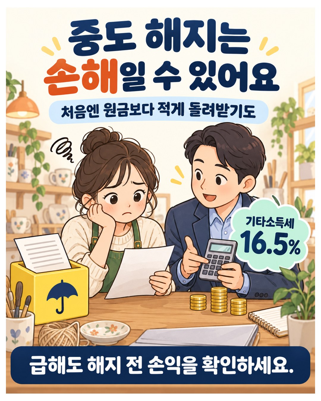 중도 해지는 손해일 수 있음 — 처음엔 원금보다 적게 돌려받기도 하고 기타소득세 16.5%가 붙음. 급해도 해지 전 손익을 확인