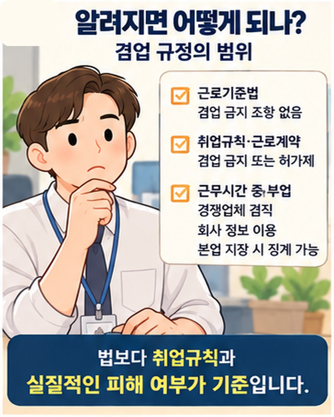 알려지면 어떻게 되나 — 근로기준법에 겸업 금지 조항 없음. 취업규칙·근로계약의 겸업 금지 또는 허가제 조항이 기준. 근무시간 중 부업, 경쟁업체 겸직, 회사 정보 이용, 본업 지장 시 징계 가능. 법보다 취업규칙과 실질적인 피해 여부가 기준