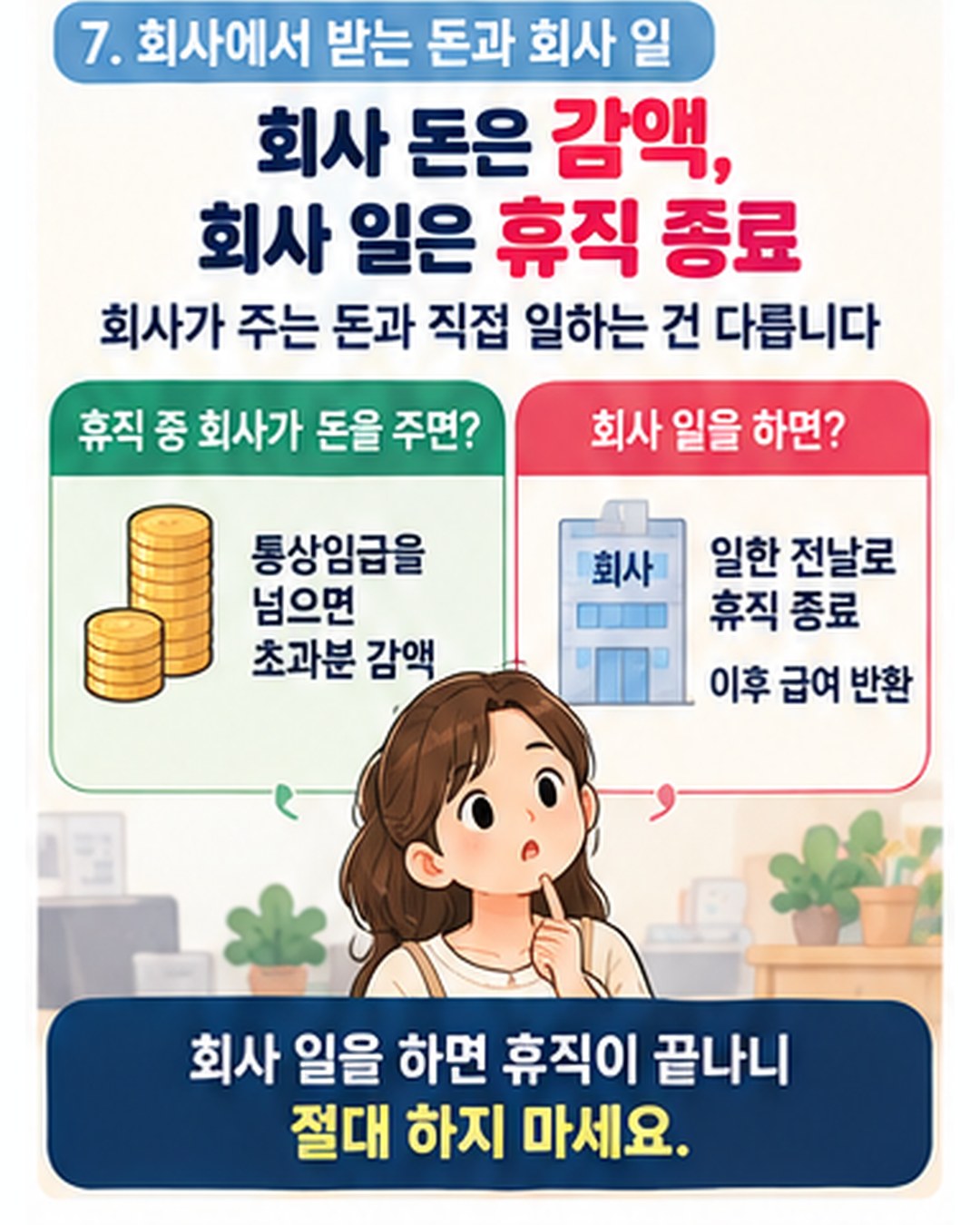 회사에서 받는 돈 — 휴직 중 회사가 준 돈은 통상임금을 넘으면 초과분 감액. 회사 일을 하면 일한 전날로 휴직이 종료되고 이후 급여는 반환 대상