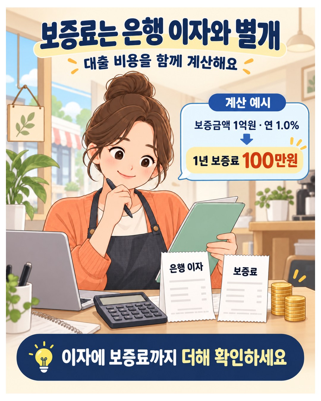 보증료는 은행 이자와 별개로 보증기관에 냄 — 계산 예시: 보증금액 1억원, 연 보증료율 1.0%면 1년 보증료 100만원. 대출 비용은 이자에 보증료까지 더해 확인