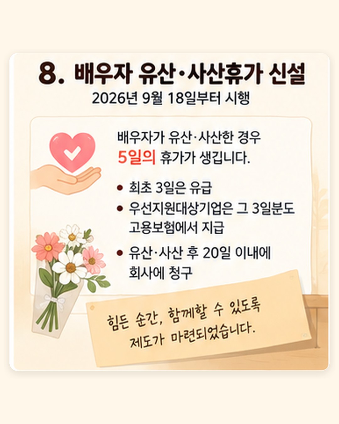 배우자 유산·사산휴가 신설 — 2026년 9월 18일 시행, 5일 휴가, 최초 3일 유급, 우선지원대상기업은 3일분 고용보험 지급, 유산·사산 후 20일 이내 회사에 청구
