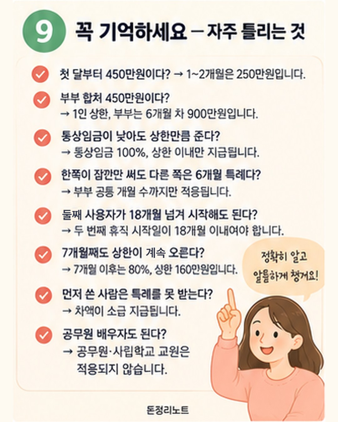 6+6 자주 틀리는 것 8가지 — 첫 달부터 450만원 아님(1~2개월 250만원), 450만원은 1인 상한(부부 6개월 차 900만원), 통상임금 100% 상한 이내, 부부 공통 개월 수까지만 특례, 두 번째 휴직 시작일 18개월 이내, 7개월 이후 80%·160만원, 먼저 쓴 사람 차액 소급, 공무원·사립학교 교원 제외
