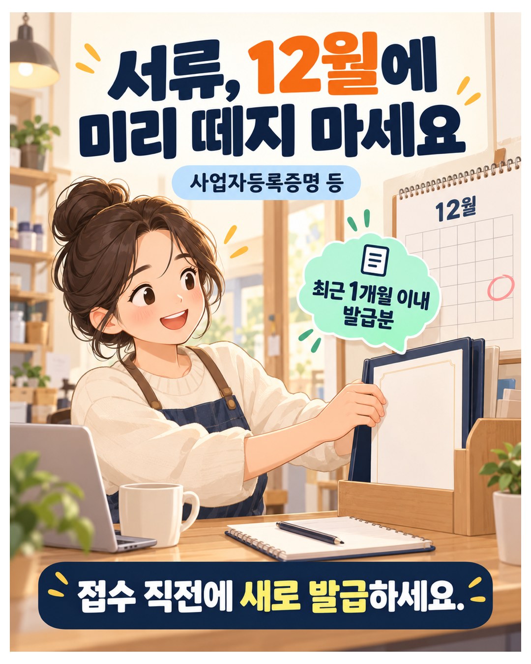 서류, 12월에 미리 떼지 마세요 — 사업자등록증명 등은 최근 1개월 이내 발급분만 받으니 접수 직전에 새로 발급